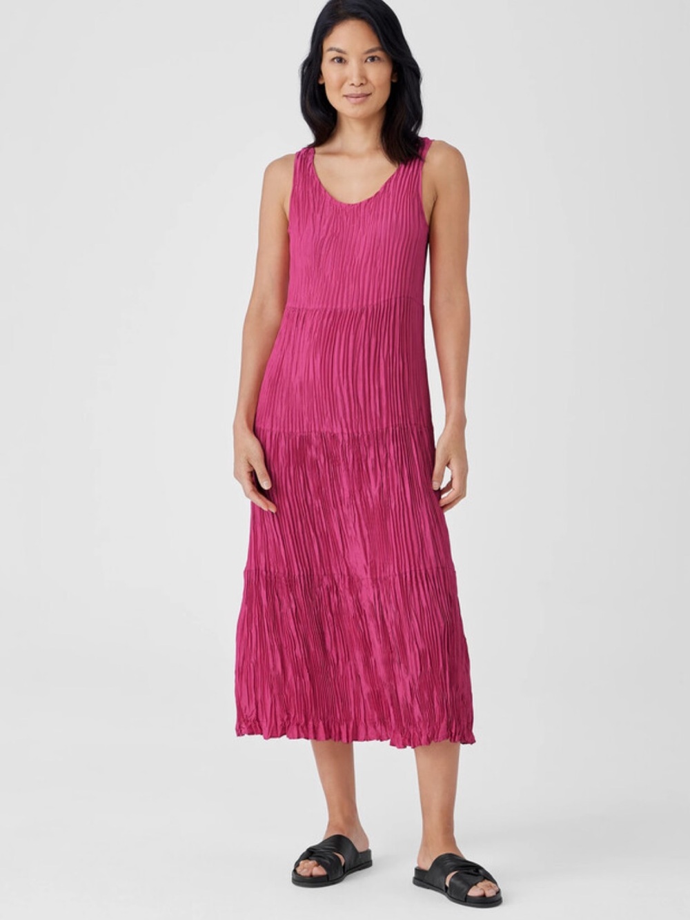 Eileen Fisher Crushed Silk Tiered Dress Pink Medium